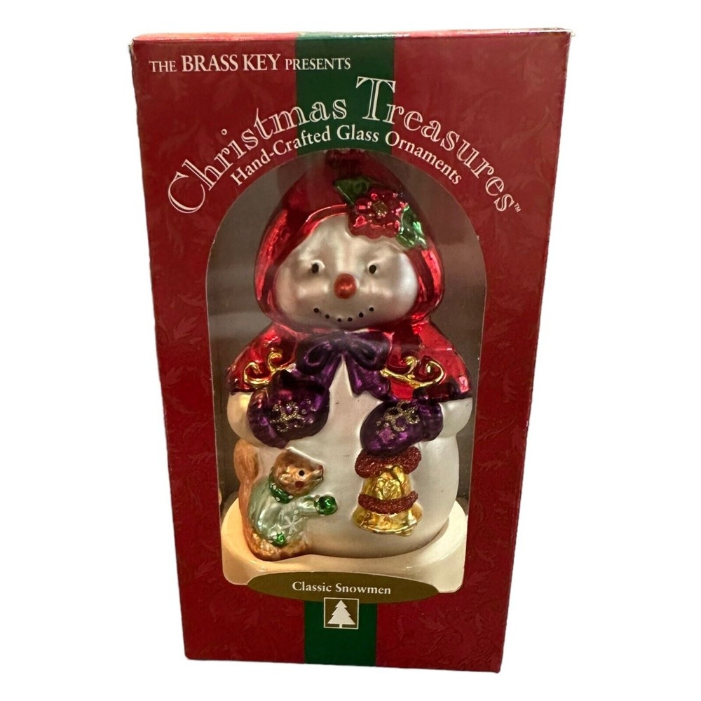 VTG Christmas Ornament,Brass Key,Hand-Crafted Glass,Classic Woodsman Snowmen